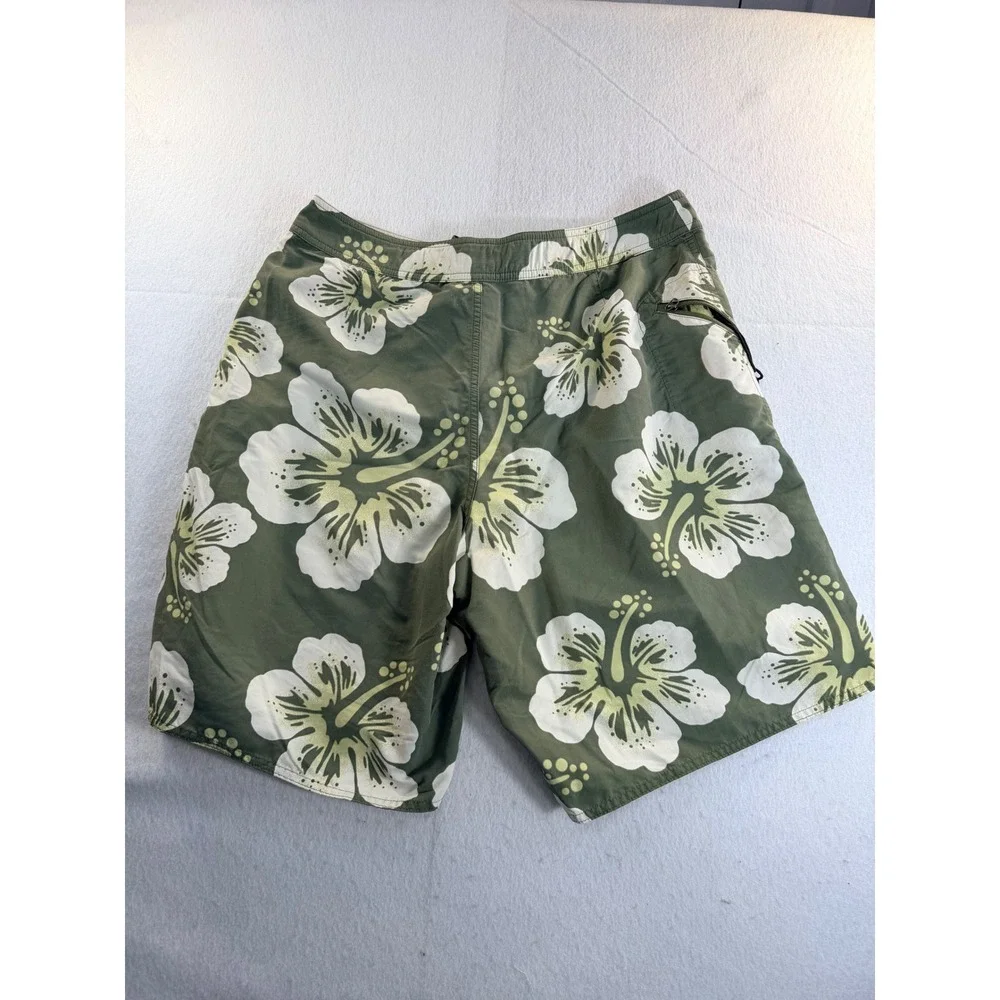 Patagonia Mens 36 Board Shorts Olive Green White Hibiscus Floral Swim Trunks